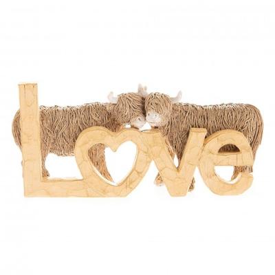 Hestia Holzoptik Harz Hochlandrind Ornament - Liebe