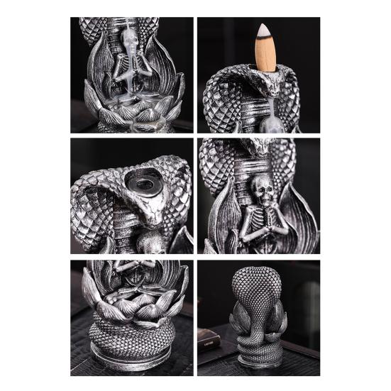 Skull Snake Incense Burner Holder Backflow Waterfall Cone Incense Holder Zen Skeleton Incense Burner for Home Bedroom Yoga Aromatherapy Relaxation