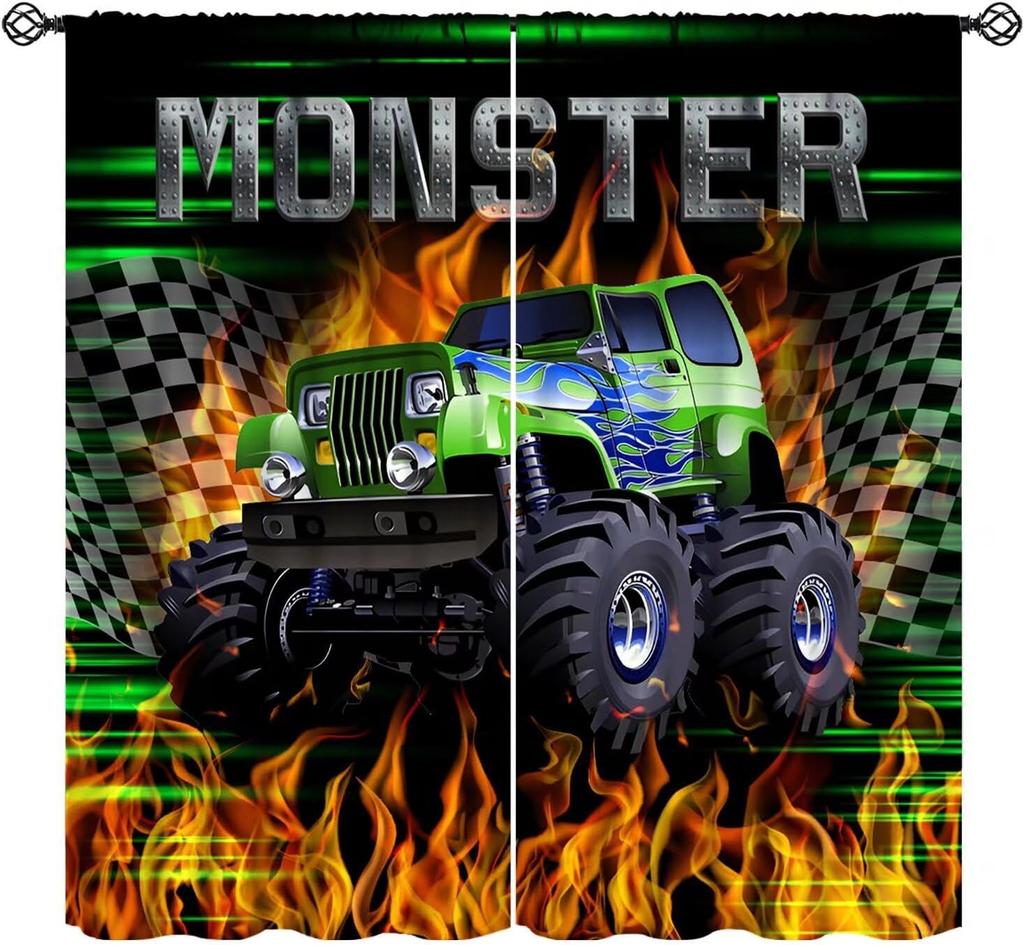 Monster Truck Curtains Boys Cartoon Red Blue Car Game Cool Racing Window Kids Bedroom Living Room Playroom Curtain For Sitting Made Of Polyester