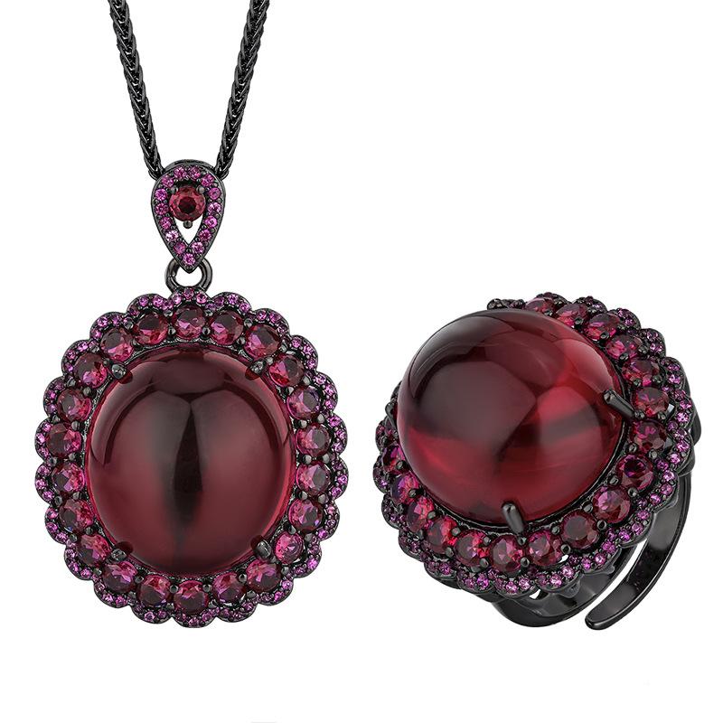 Autumn And Winter Jewelry European Simulation Pigeon Blood Red Corundum Blue Pointed Crystal Black Gold Light Luxury Set Main 18 * 20