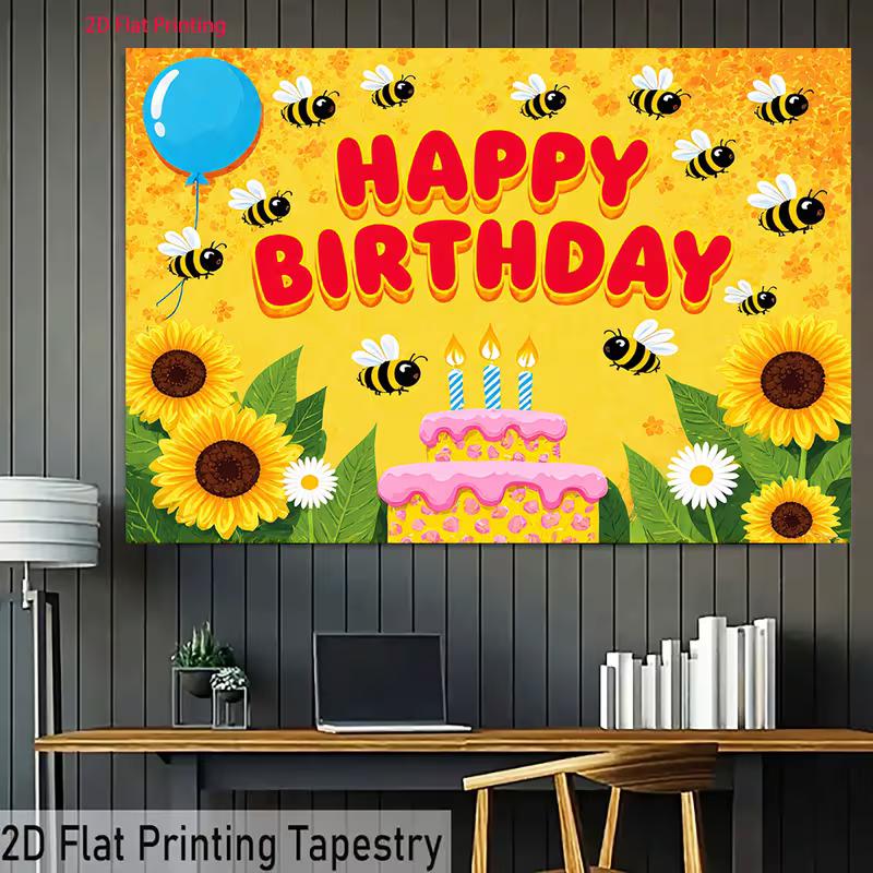 2D Yellow Bee Birthday Backdrop, Sunflower Happy Birthday Background for Photoshoot