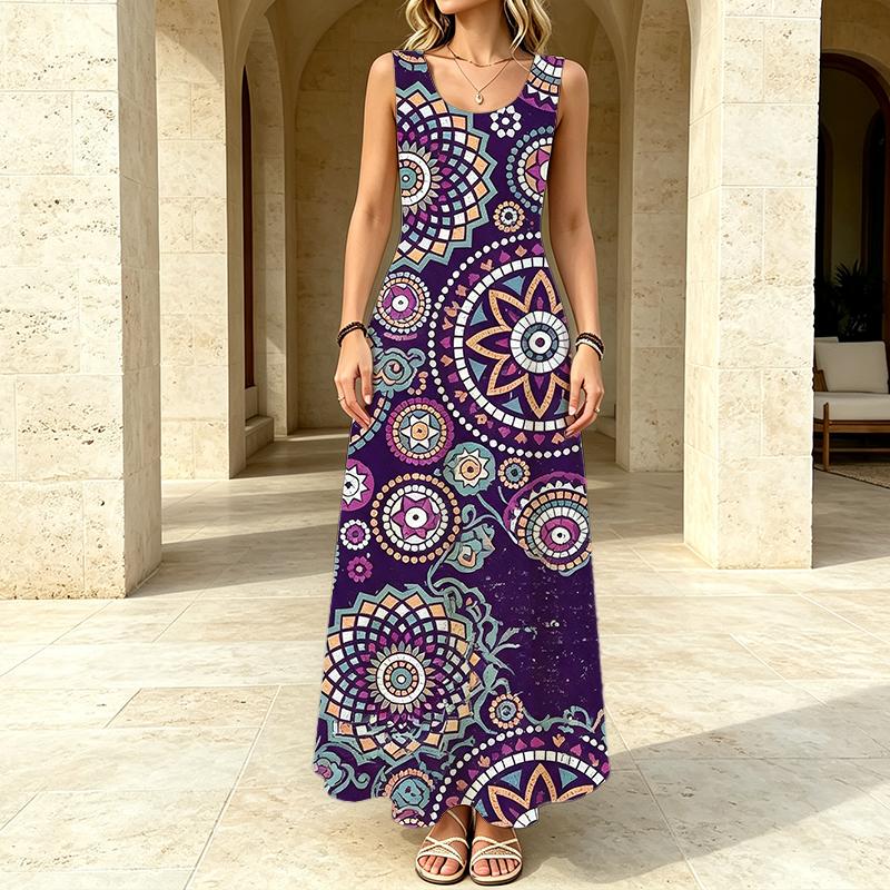 A-Line Boho Maxi Dress,Summer Casual Sleeveless Lightweight Long Dress,Fashionable & Versatile Vacation Wear for Pool & Beach