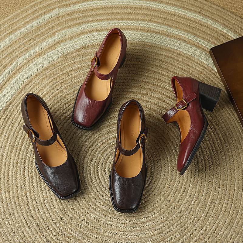 Krazing Pot Sheepskin Fashion Summer Spring Autumn Thick High Heels Metal Buckle Women  European Design Square Toe Pumps