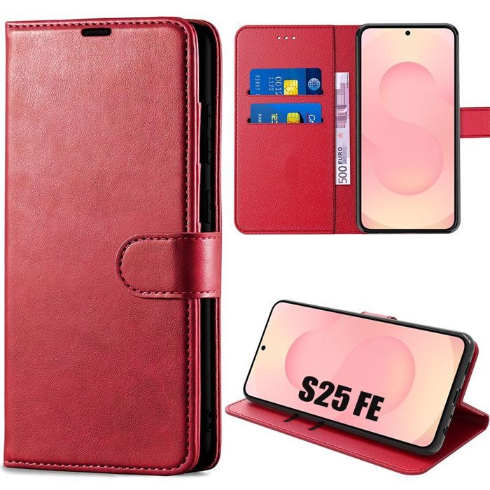 Coque de Protection - BOOLING - Samsung Galaxy S25 FE - Flip Case Antichoc Effet Cuir Rouge