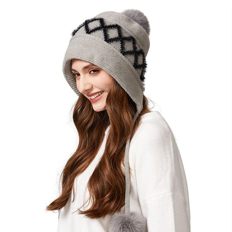 Winter Knitted Hat Big Head Cashmere Three Hair Ball Ear Protection Wool Hat for Women