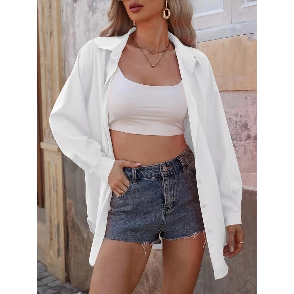 Women'S Elegant Long Sleeve Button-Up Shirt - Solid Color, Relaxed Fit, Knee-Length, Spring/Summer Casual Wear,Comfortable Wear |