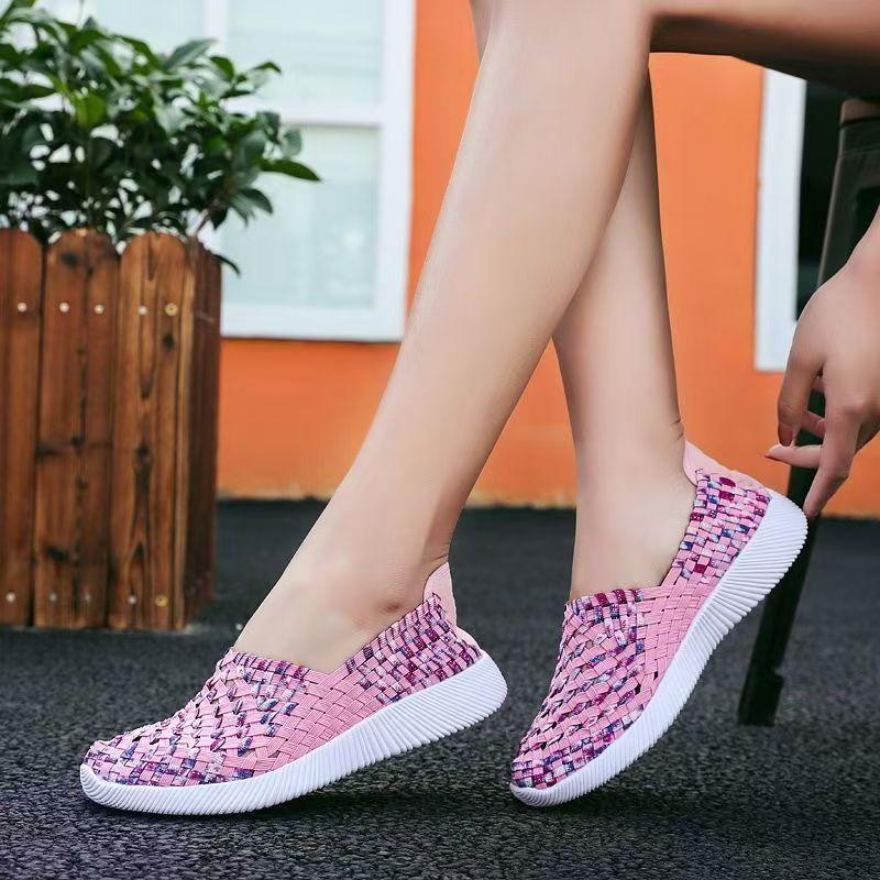 Woman New Hand Woven Casual Sneakers Spring Summer New Soft Sole Non Slip Shallow Slip On Round Toe Lightweight Walking Shoes
