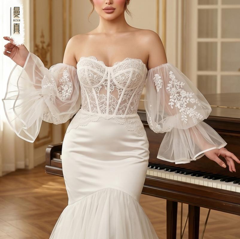 Off Shoulder Puff Tulle Sleeves Detachable Floral Lace Wedding Sleeves Removable Bridal Arm Cover For Strapless Mermaid Wedding Gown Photoshoot