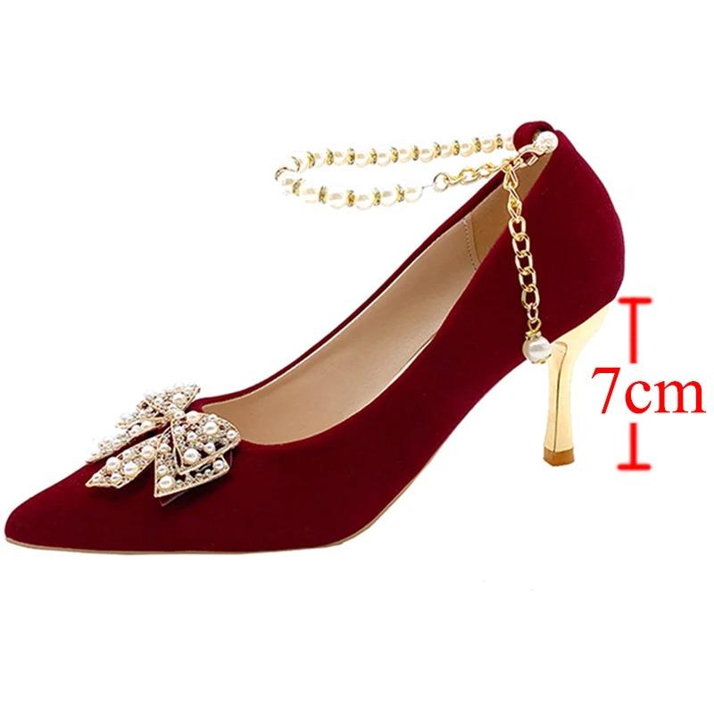 Fashion Red Pearl Bowknot Wedding Party Shoes for Women String Bead Thin Heels Pumps Ladies Ankle Strap Pointed Toe High Heels Shoes