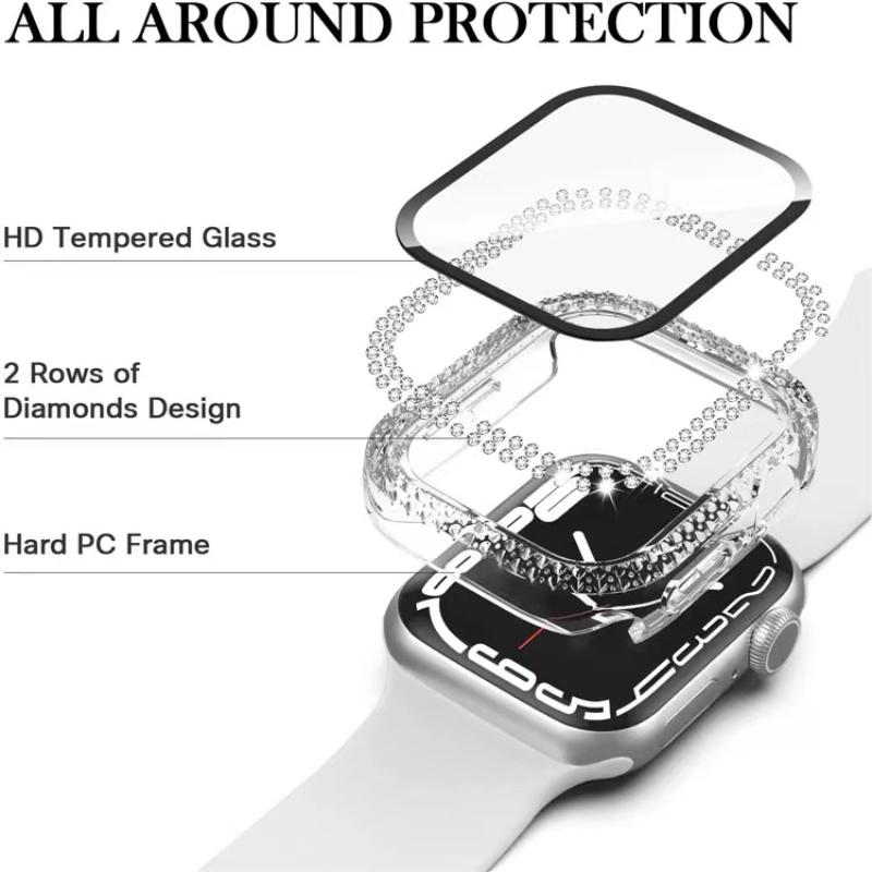 Diamond+Tempered Film Case For Apple Watch 45mm 44mm 41mm 40mm 42mm Glass Protective Cover For iWatch Series 8 7 6 5 4 SE Shell