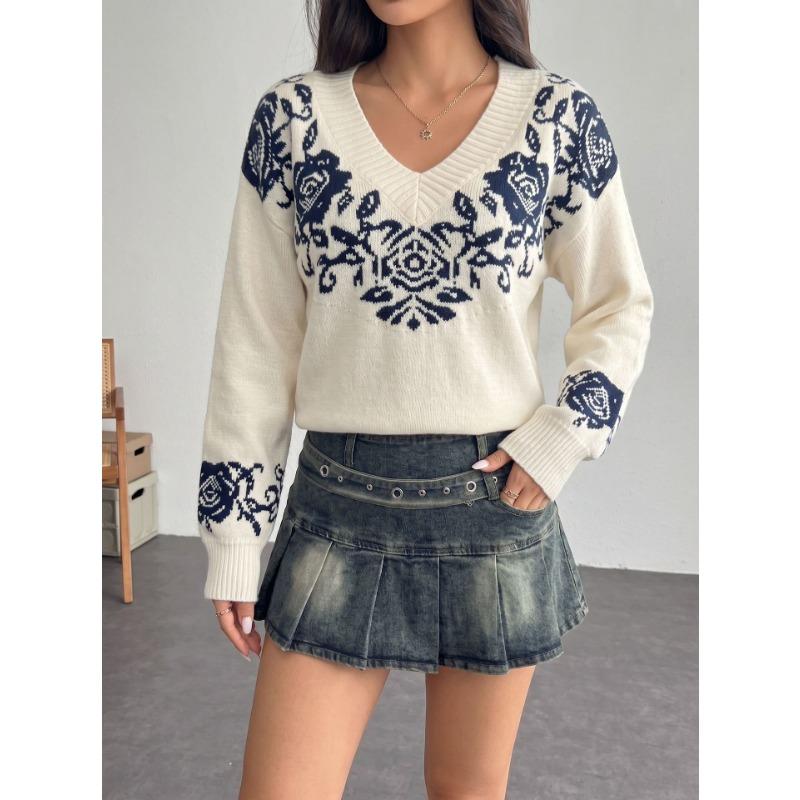 Women S V Neck Knit Sweater Vintage Floral Print Loose Drop Shoulder Long Sleeve Pullover