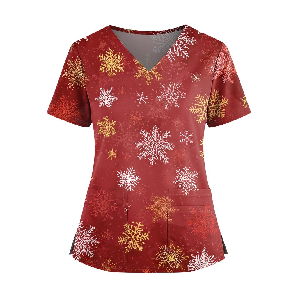 Dámský vánoční potištěný top s výstřihem do V, dvěma kapsami, krátkým rukávem, rozparkem na lemu, uniforma pro pečovatelky