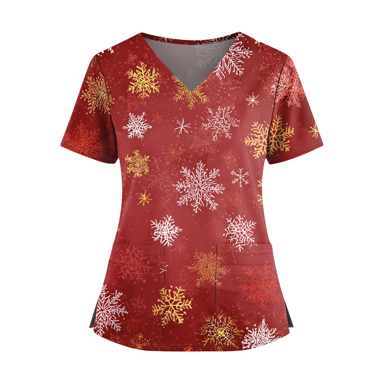 

Жіноча різдвяна футболка з принтом, V-подібним вирізом, подвійними кишенями, короткими рукавами, розрізом по подолу, уніформа доглядальниці XL кавун червоний колір