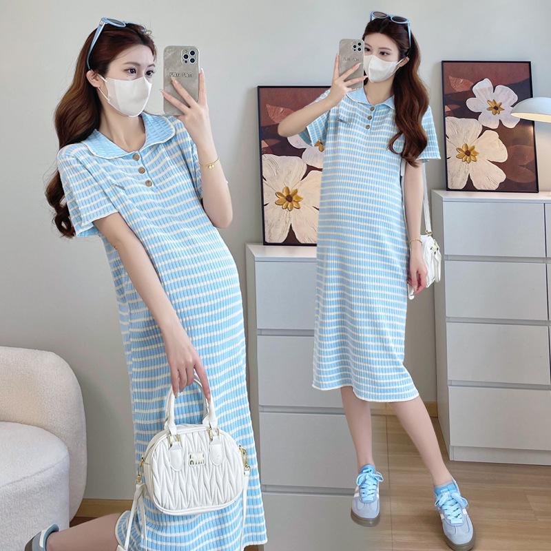 Summer 2026 Maternity Dress: Stylish Polo Collar with Color Block Stripes & Diamond Knit Pattern. XL