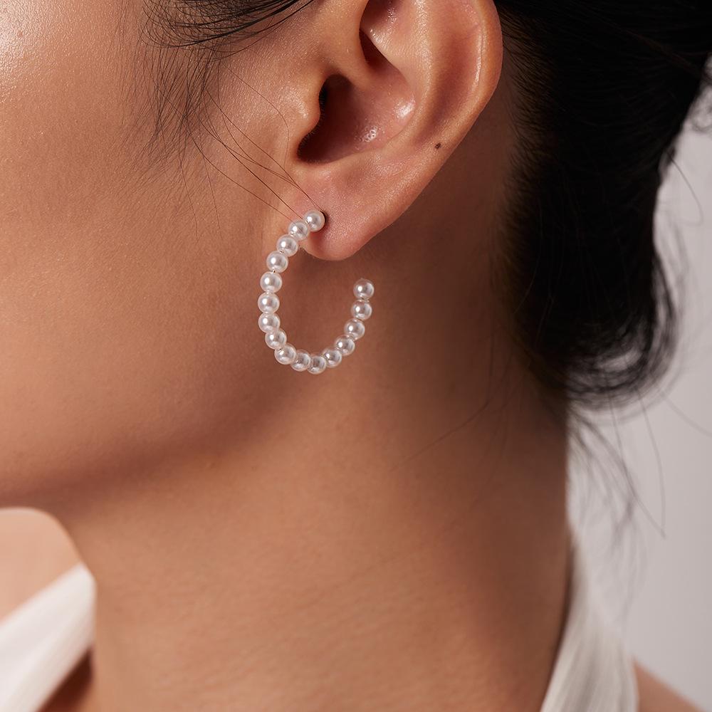 Elegant 18K Gold Pearl C-Shaped Stainless Steel Stud Earrings for Women - French INS Style