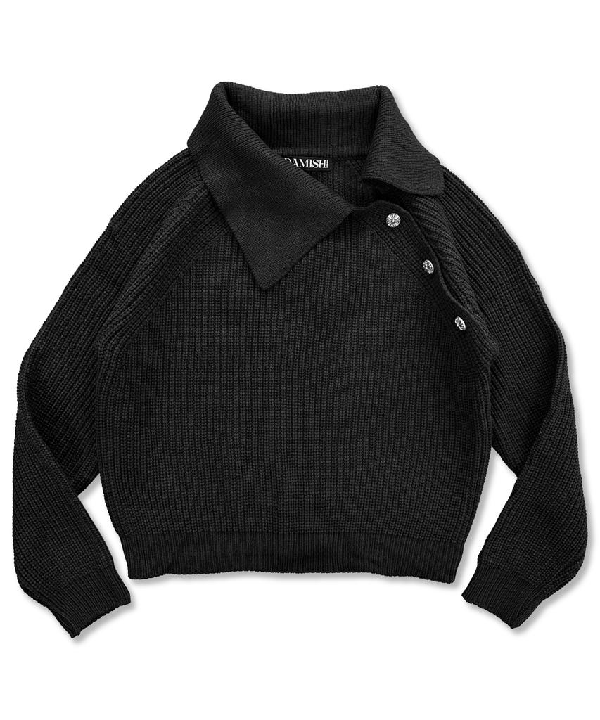 Damiswi Oblique Collar Cross Button Knit_Black