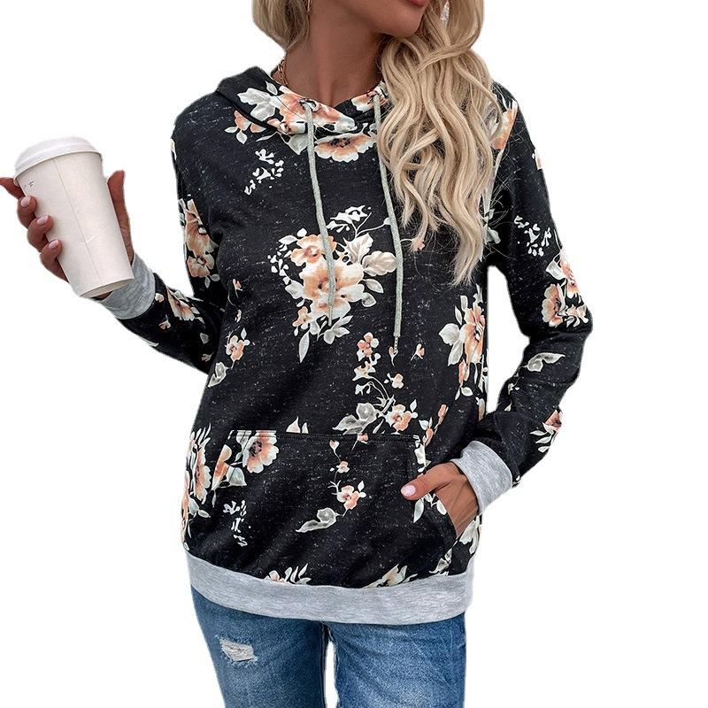 Fall New Women's  Sweatshirt Pullover Printed Pocket Hooded Sweatshirt
