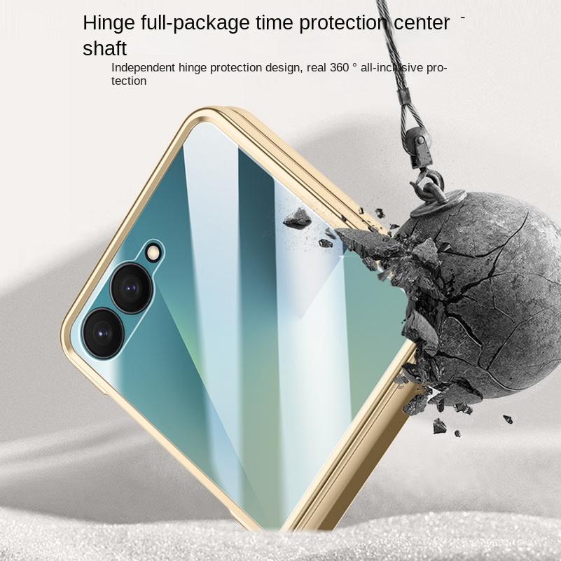 Electroplate Spring Hinged Leather Tempered Glass Protect Case For Samsung Galaxy Z Flip7 Flip 7 All-inclusive Cover