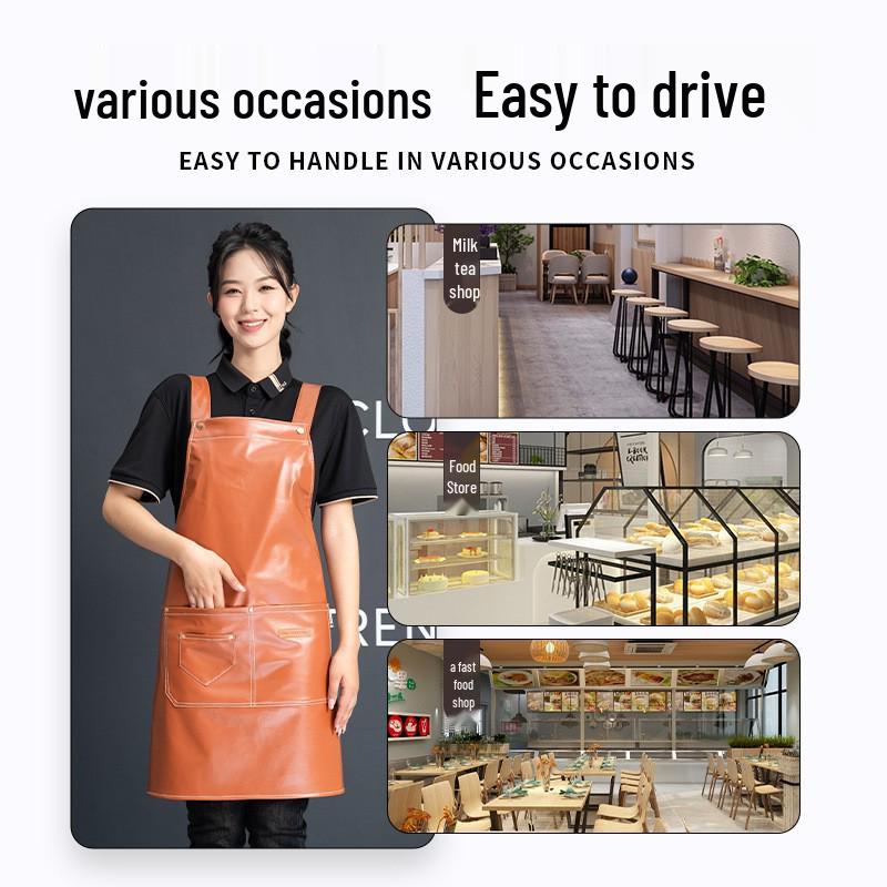 In-Stock Waterproof PU Leather Women's Catering Apron - Oil-Proof Kitchen Smock