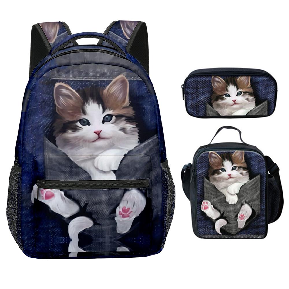 Classic Novelty Cool Cute Cat Pattern 3D Print 3pcs/Set Student School Bags Laptop Backpack Crossbody Lunch bag Pencil Case
