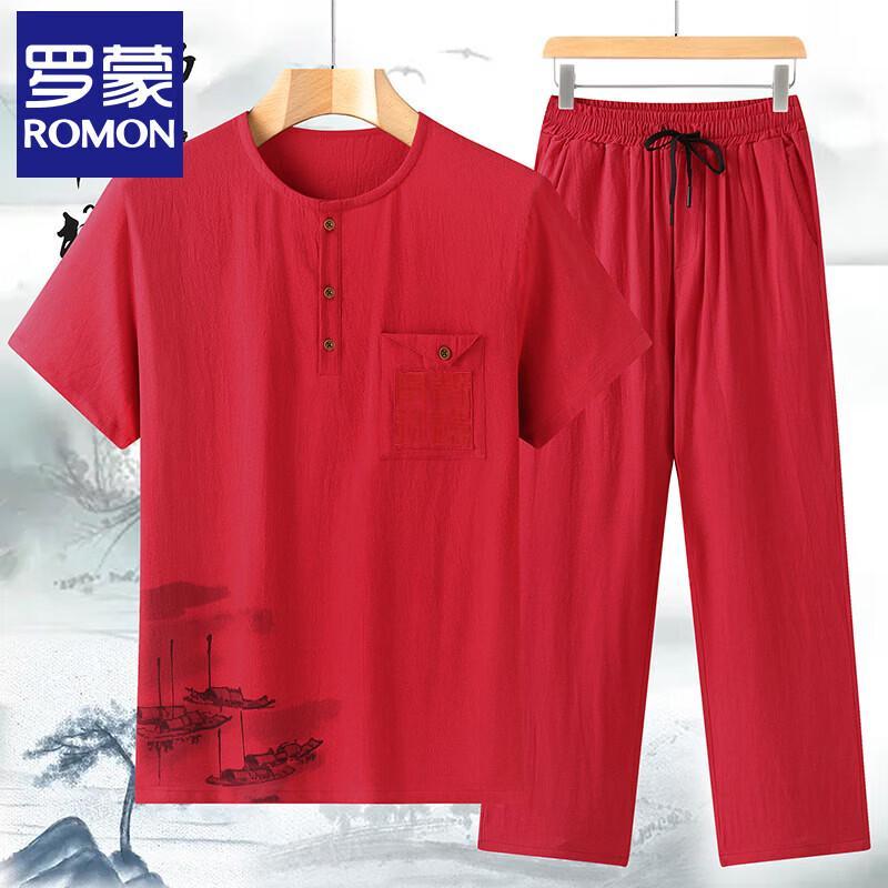 Rommon Men s Pure Cotton Short Sleeve Casual Set 3XL красный