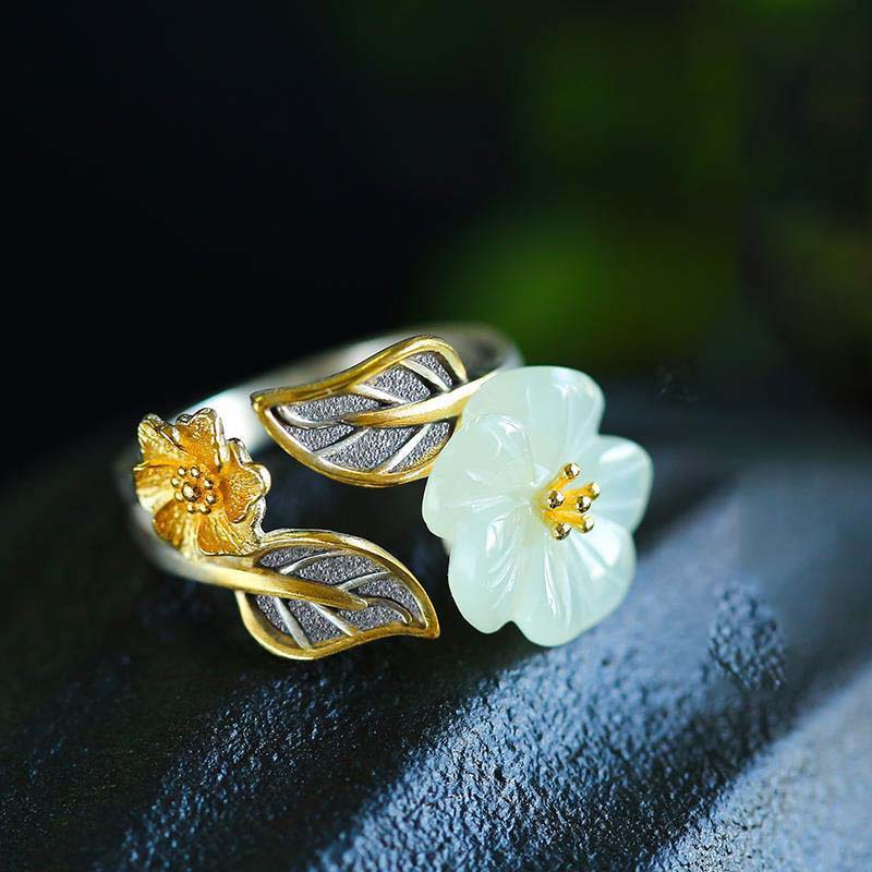 925 Sterling Silver Jewelry White Jade Plum Blossom Flower Finger Rings for Women Wedding Party Jewelry For Girls Friend Gift