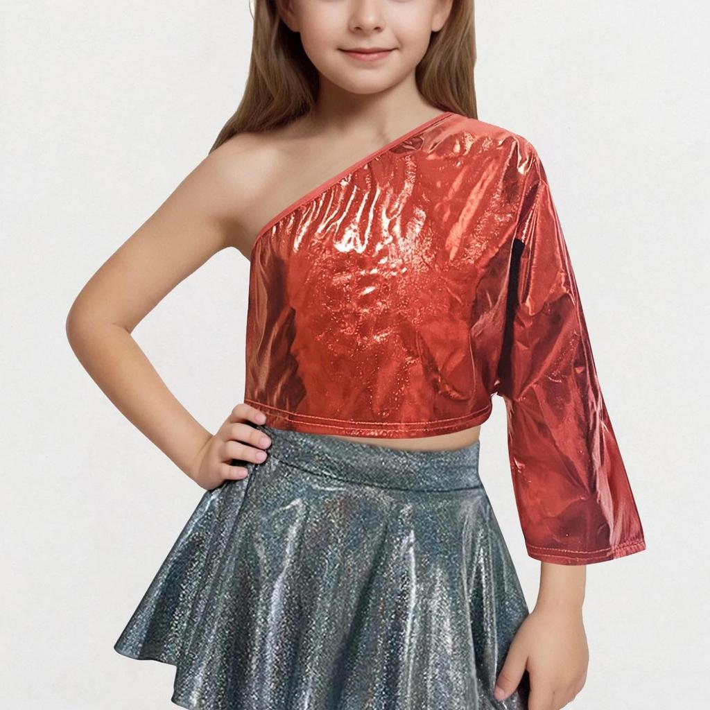 Jenter En-skulder Topper Fest Paljetter Glitrende Korte Topper Langermede Topper