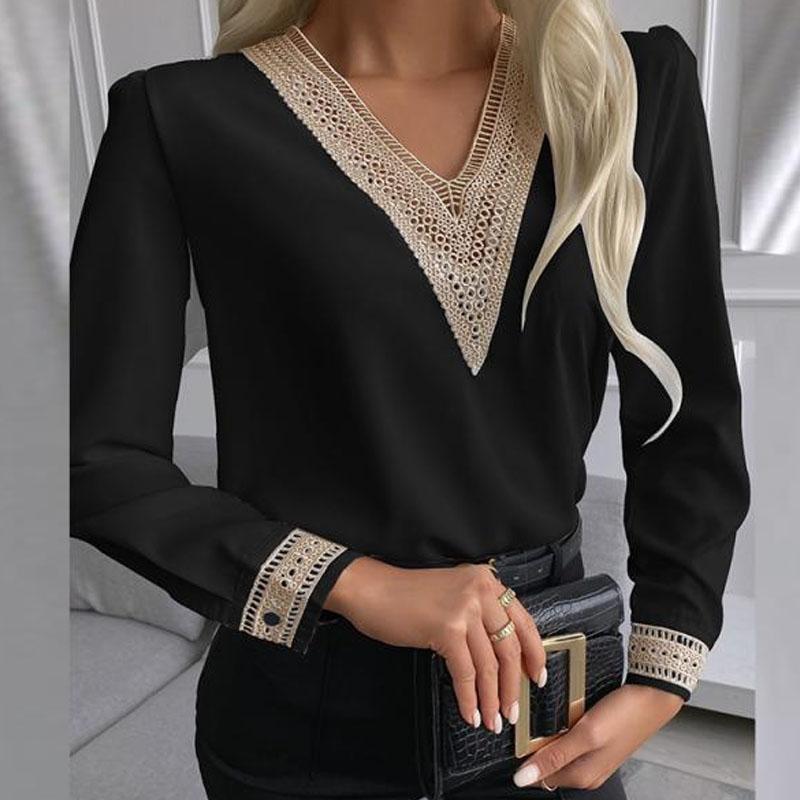 V-neck Chiffon Lace Hollow Loose Western Style Small Shirt Top Women, Autumn New Products Women's Fashion Temperament Long-sleeved Shirt