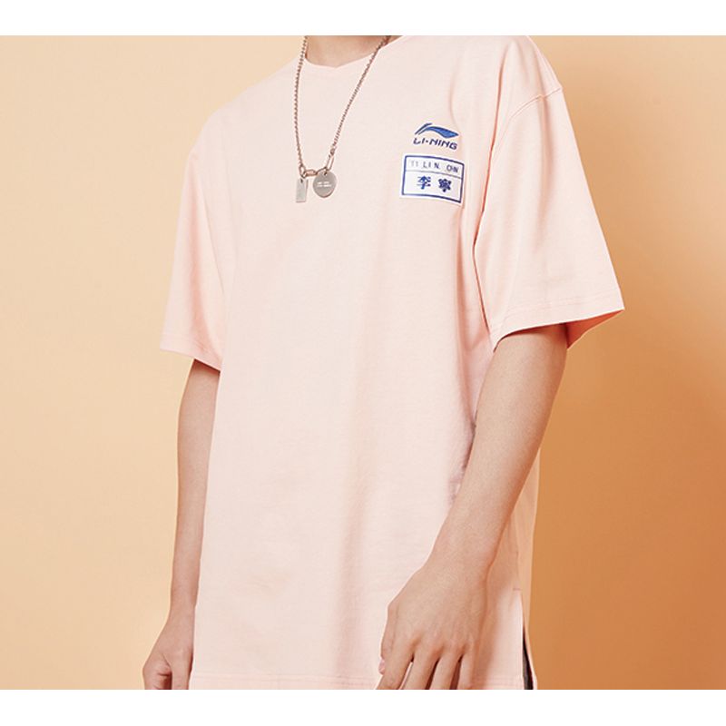 Li Ning Paris Fashion Week Series Table Tennis Element Print Short Sleeve T-Shirt Men Tops Orange Pink AHSQ269-1