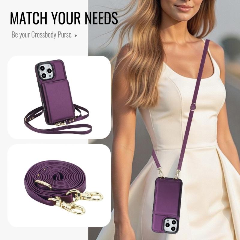 Magnetic Closure Cover for Phone 16 Series Kickstand Case with Card Holder Lanyard Shoulder Strap