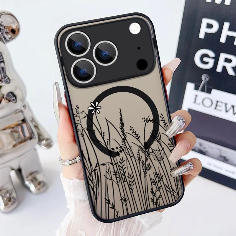Magnetic Simple Flower Phone Case For iPhone 17 15 16 Pro Max 14 13 Pro 17 For Magsafe Wireless Charge Soft Edge Hard PC Cover