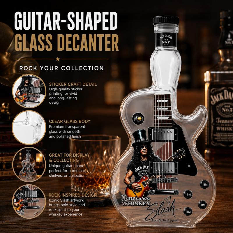 Slash Guitar Shaped Whiskey Decanter, Guns N' Roses Themed Liquor Bottle, Tennessee Whiskey Collectible Barware for Rock Fans