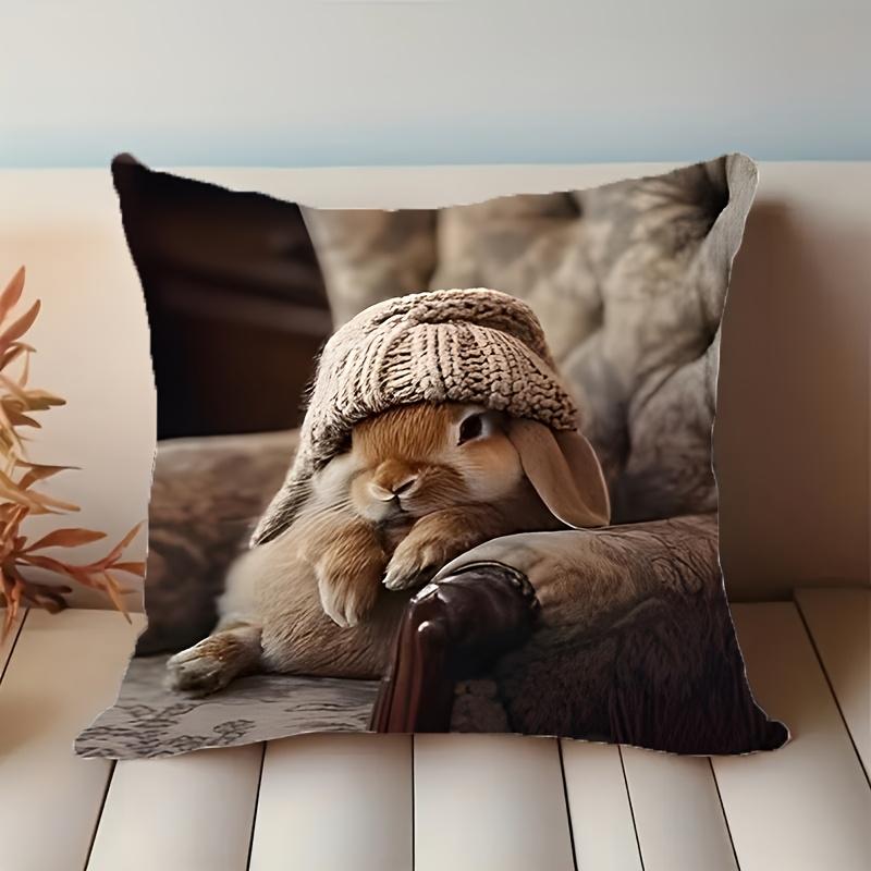 Süßer Hase mit Strickmütze Aufdruck Kissenbezug - Luxuriöse Wohnkultur, Perfekt für Wohnzimmer und Schlafzimmer, Ideales Geschenk für Tierliebhaber