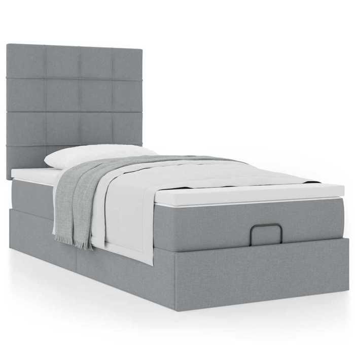 Cadre de lit avec matelas - 90x190 cm - Tissu gris clair - Rangement sous le lit - Mécanisme hydraulique