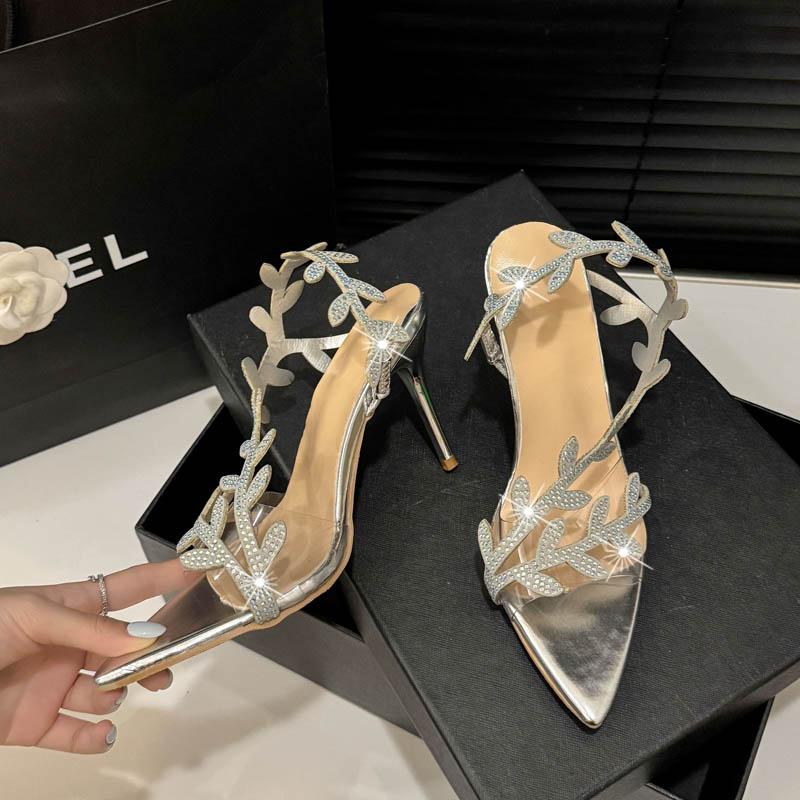 Fashion Golden Patent Leather Leaf High Heels for Women In Summer 2025, One-line Sandals with Thin Heels, Pointed Toe and Exposed Toe
