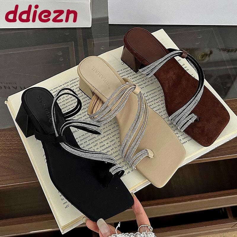 Fashion Luxury Fashion Rhinestones Ladies Square Heels Pumps Shoes Female Slip On Footwear Women Heels Pumps Slides Shoes Sandals