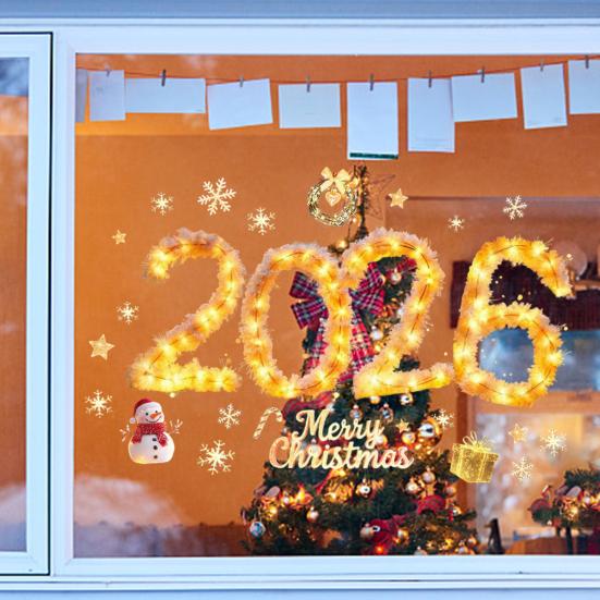 2026 Merry Christmas Window Cling Removable Waterproof PVC Xmas Golden Light String Static Glass Sticker Holiday Party Decoration Decal