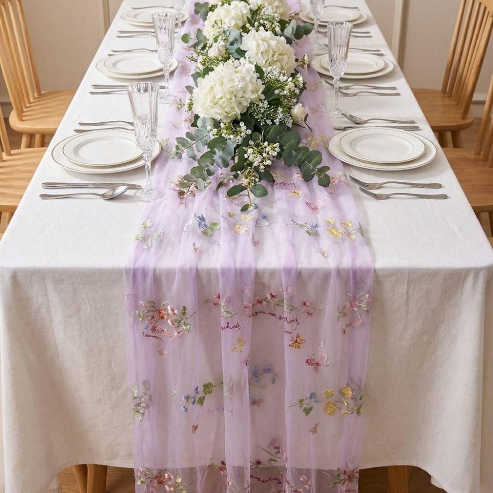 French Vintage Embroidered Floral Table Runner Romantic Semi-Transparent Wrinkled Table Runner Fresh Color Dining Table Decor