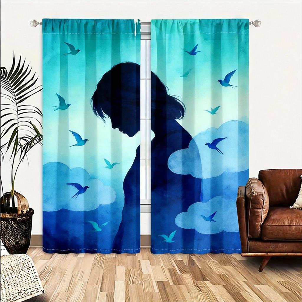 Watercolor Art Curtains 2pcs – Bold Blue and Yellow Abstract Design, Contemporary Window Decor for Home and Art Lovers