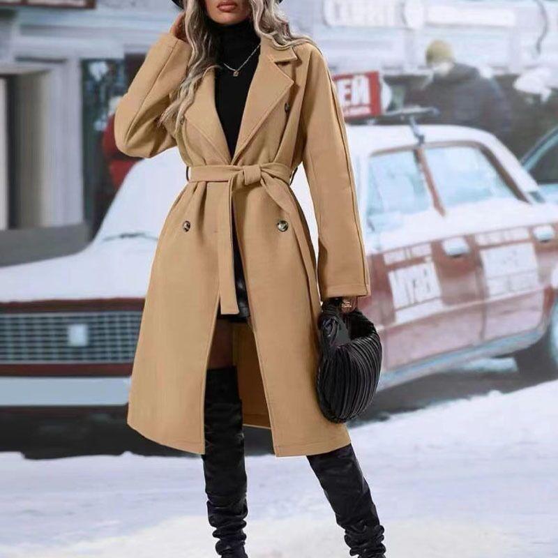 

2024 Double-Breasted Women s Trench Coat with Dragon & Phoenix Wool Tie, Solid Color, Extended Length and Thick Lapel M хаки