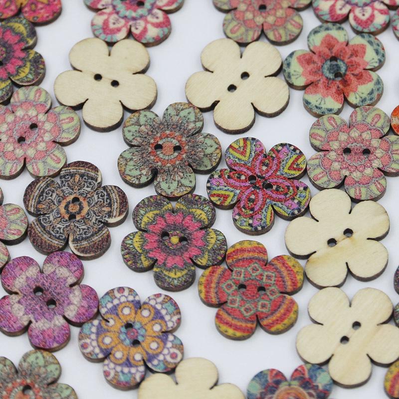 (50pcs/pack) 2cm 2-hole Plum Blossom Button Retro Wooden Button Sewing Accessories Color Printing Home Decoration