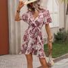 2026 Summer New Women's Fashion Printed Dress with Spotted Ruffles and Tie-Waist Design