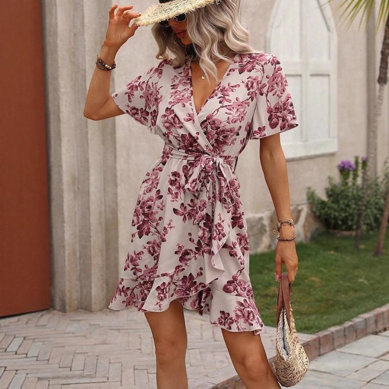 2026 Summer New Women's Fashion Printed Dress with Spotted Ruffles and Tie-Waist Design