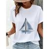 T-shirt Voilier Lavis à l'Encre Peint à la Main, Printemps/Été Simple Col Rond Color-Block Tendance Coupe Ample Polyvalent Décontracté Manches Courtes