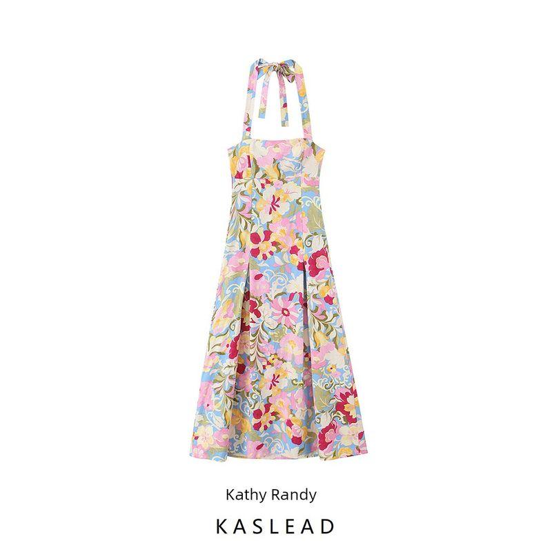 Kaslead New Women clothes Western Style Fashion Simple Blend Print Midi Dress 6962031