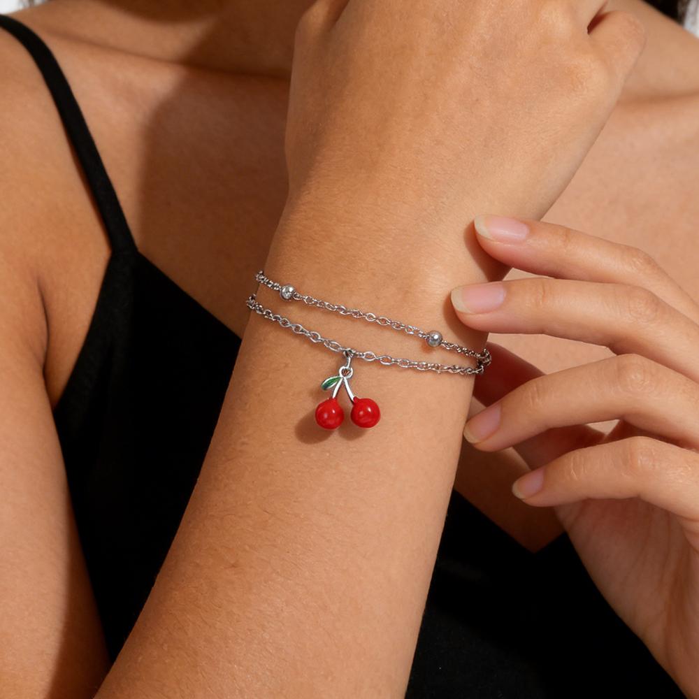 Cazador Enamel Red Cherry Charm Bracelet For Woman Stainless Steel Double Layer Beads Chain Fashion Fruit Jewelry Gift