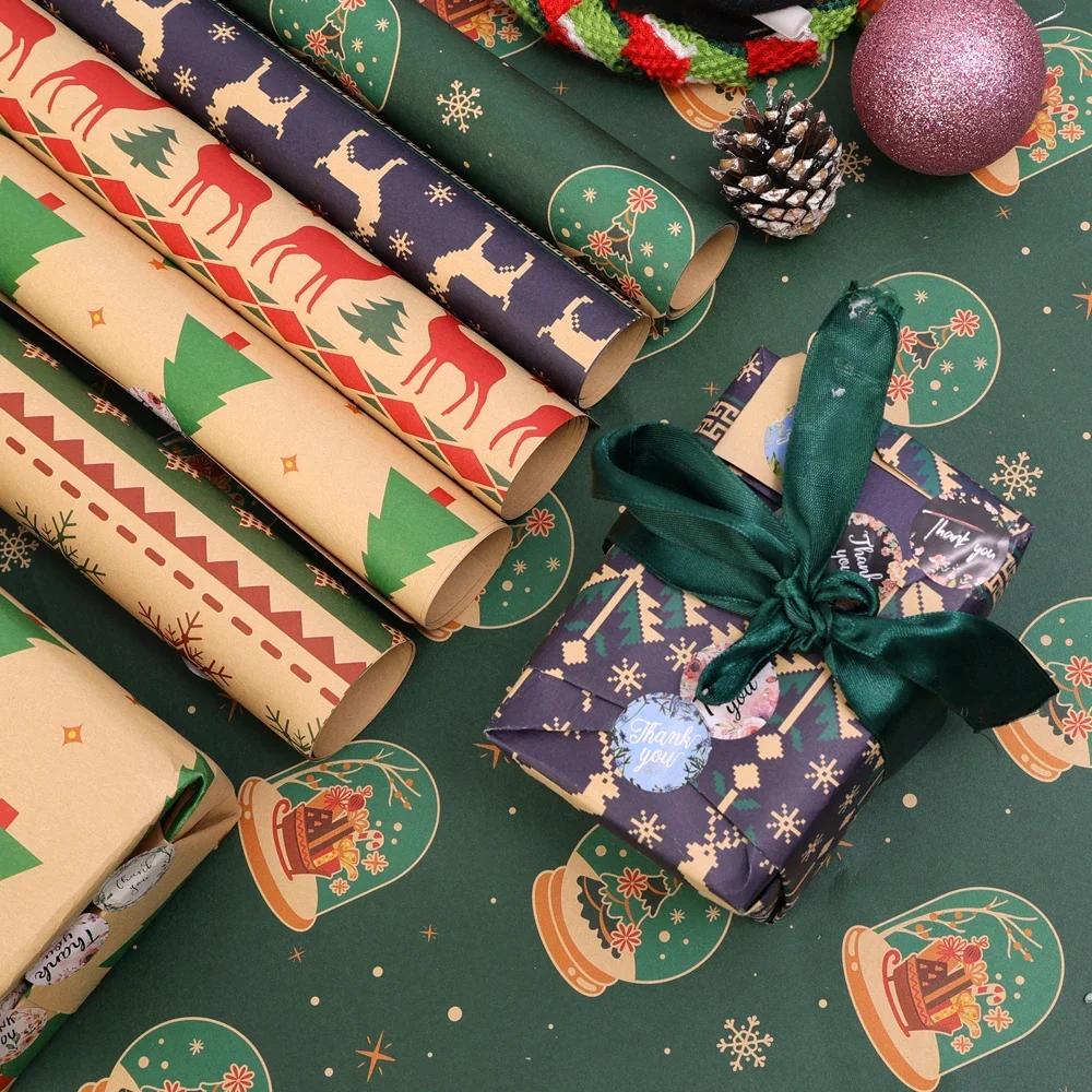 5Pcs Christmas Wrapping Paper Gifts Wrapping Paper Diy Packing Craft Cartoon Printed Kraft Paper Xmas Wedding Party Decor Paper