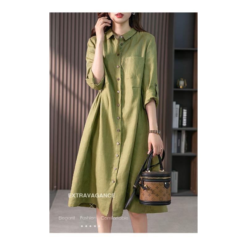 Elegant Linen Shirtdress Design for A Slim Solid Color Dress for Spring and Fall