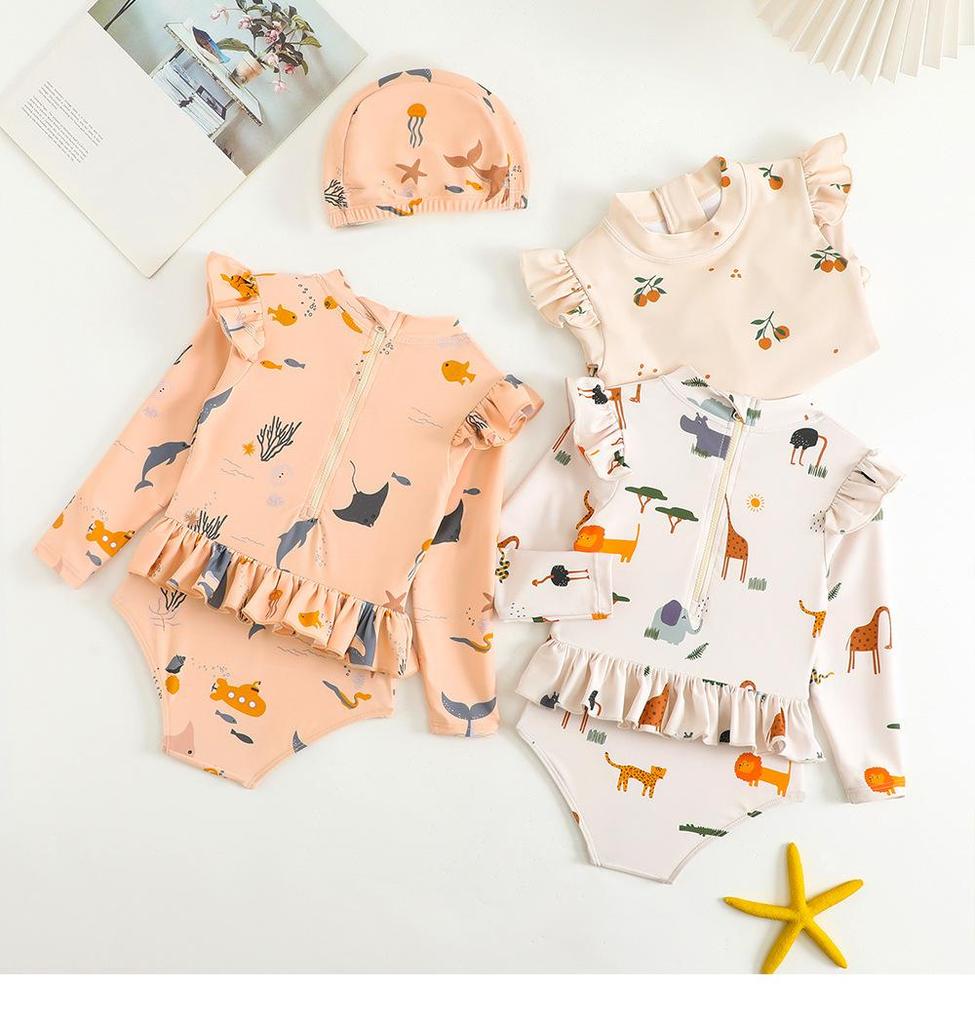 Ny sommerbabydrakt til jenter, bikini, tegneserietrykk, babygutter, langermet, solkrem, strandbadetøy
