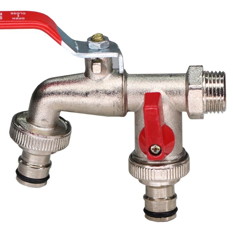 Double Head Outdoor Garden Water Faucet 1 Inlet 2 Outlet Brass Faucet Splitter with Dual Nipple and Outdoor Balcony Faucet